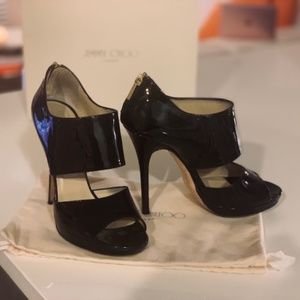 Jimmy Choo “Private” Black Patent Open Toe Pumps